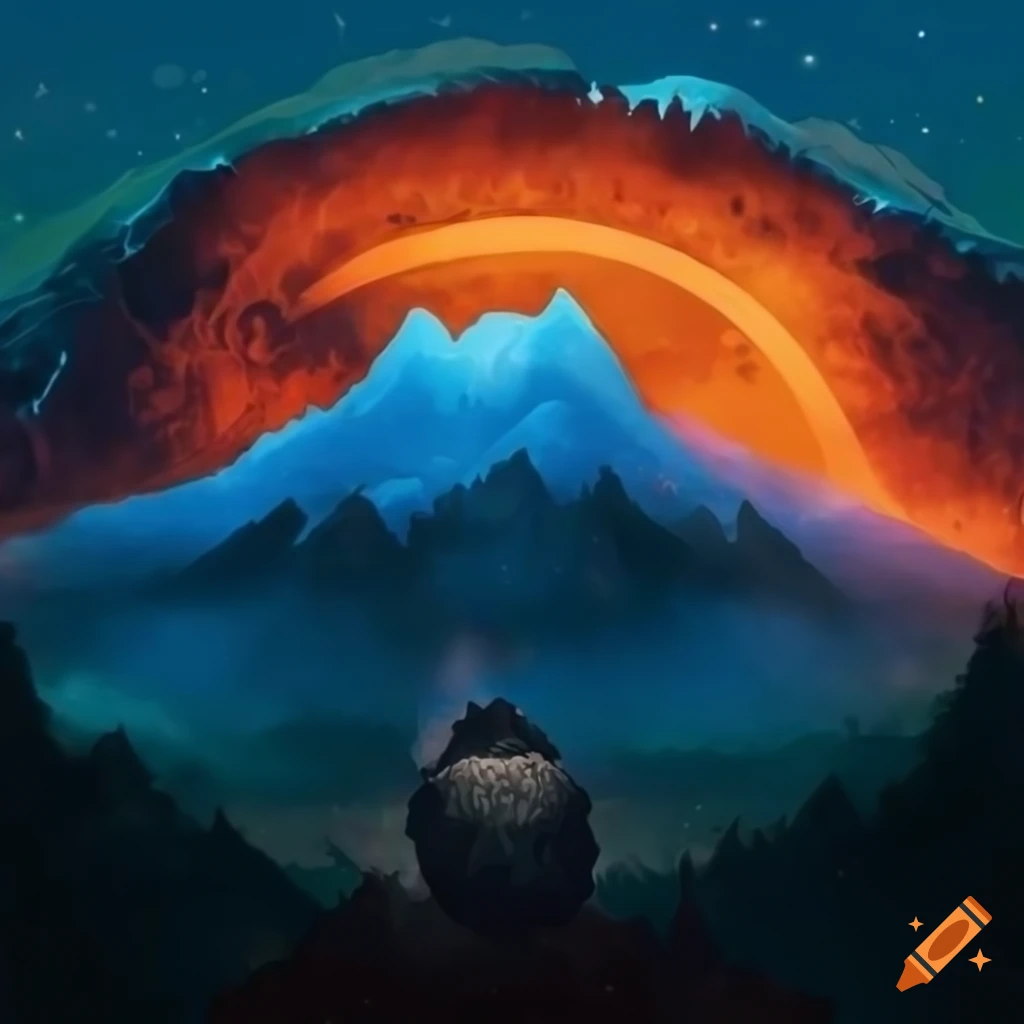 Epic blue battle album cover with silhouettes of cryptids on a mountainous landscape at night