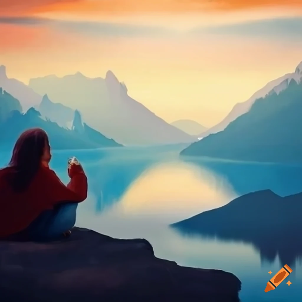 Sweet couple sitting on a mountain overlooking a lake in a painting style