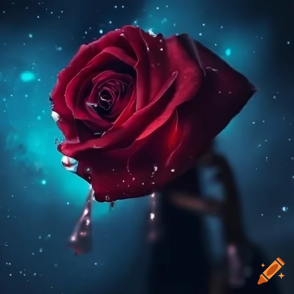 Beautiful female under moonlight with red rose, tears like crystals in a galaxy setting
