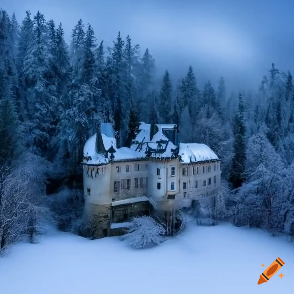 Snowy European castle surrounded by a big forest