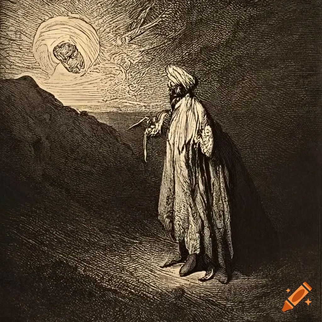 Man in a white turban standing by a mountain in Gustave Doré etching