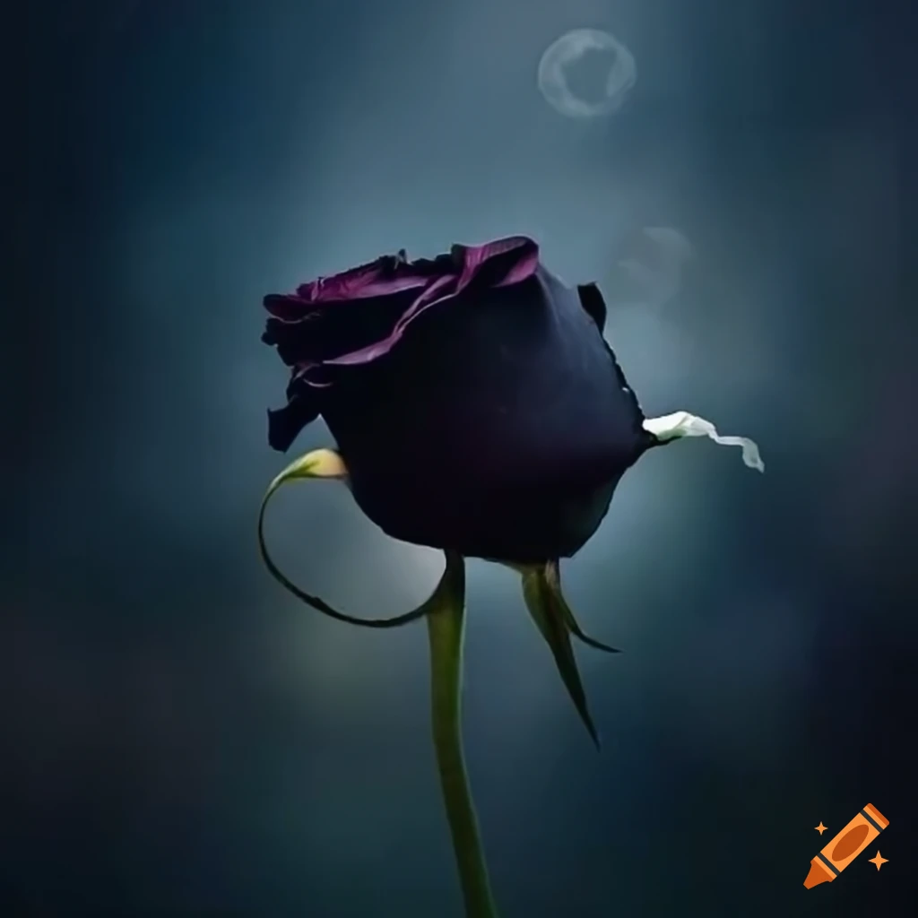 Beautiful rose losing petals in moonlight with floating diamond orbs