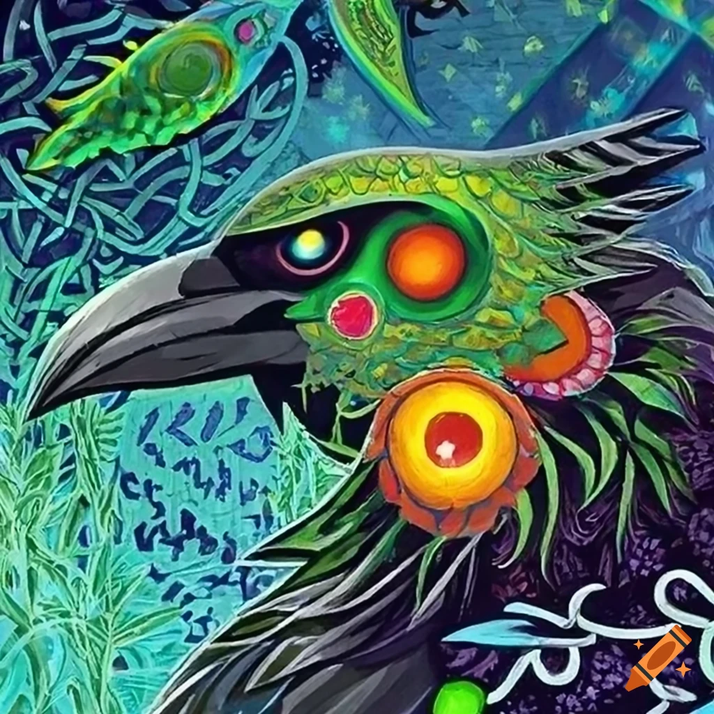 Black Raven with iridescent Peacock feather cloak in a Celtic storybook illustration