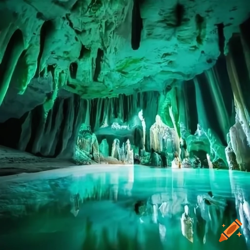 Cave covered with green crystals and podium at the center