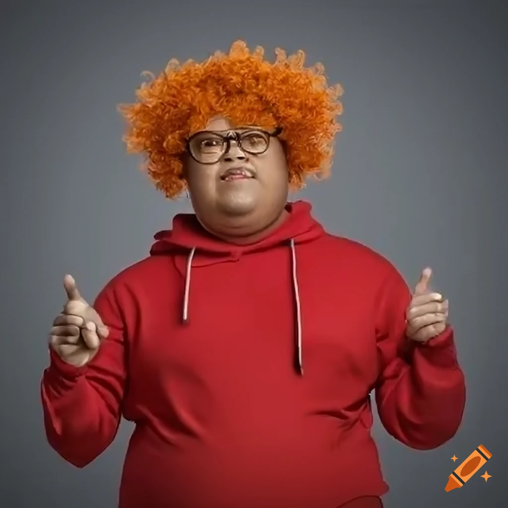 Chubby guy with curly orange hair, glasses, and red hoodie