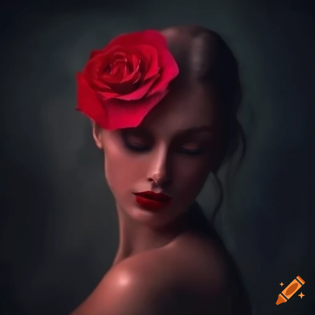 Beautiful female with a red rose under the dark moonlight with a tear