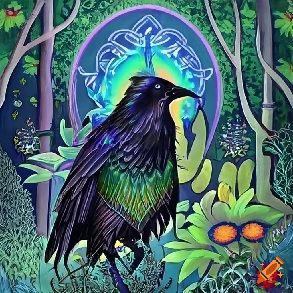 Black Raven with iridescent Peacock feather cloak in a Celtic storybook illustration