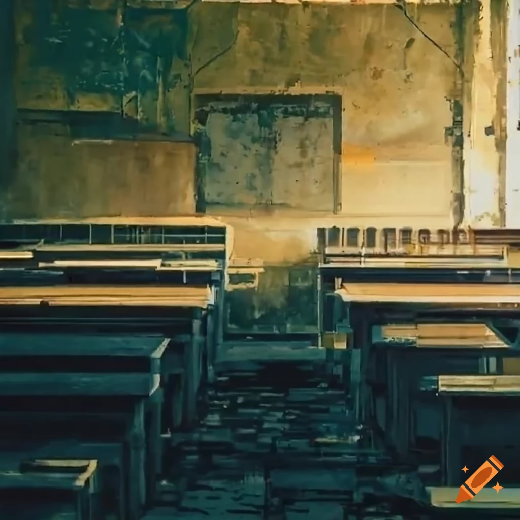 Japanese decaying classroom with aligned desks and drawings on blackboard