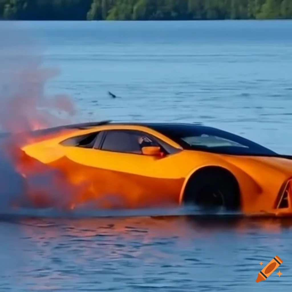 Super car on fire drifting on a lake