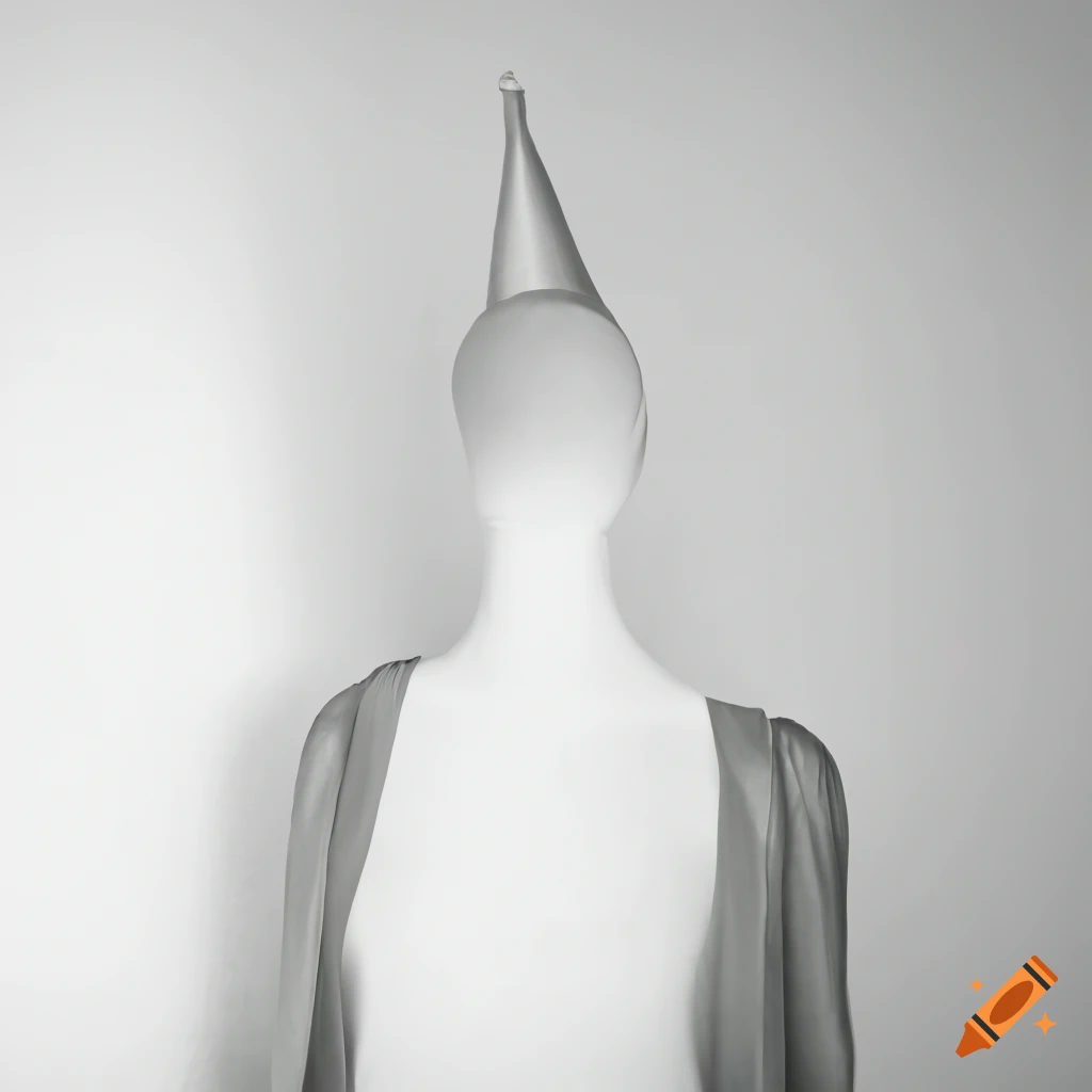 Mannequin with a party hat in a white room