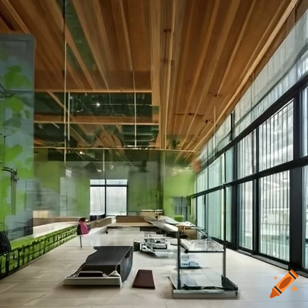 Modern eco-friendly building with glass windows, green walls, and solar panels