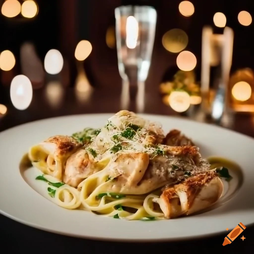 Fettuccine alfredo with chicken parmesan, parmesan cheese, parsley, and iced water