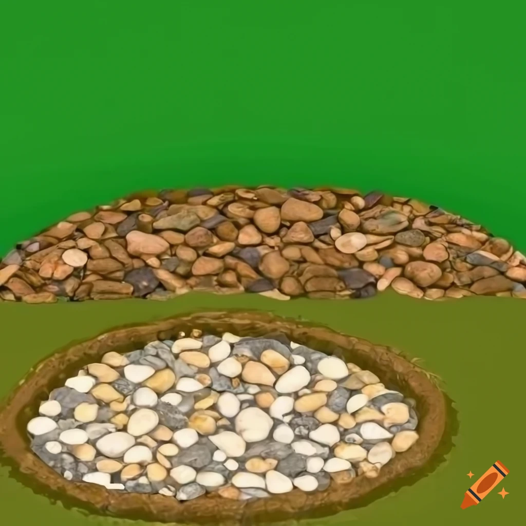 Ragged oval pond with pebble bottom and stacked flat stones in video game style