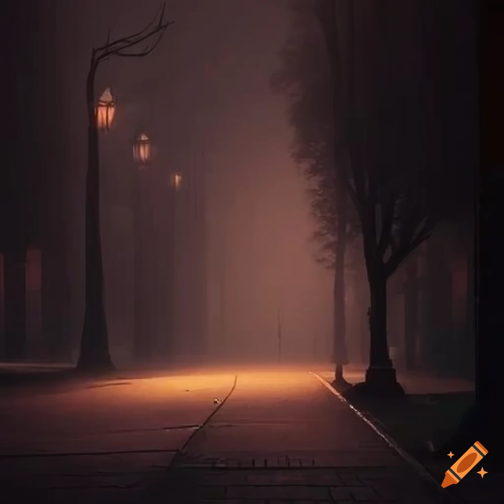 Quiet, foggy evening in the city with deserted street and soft streetlights