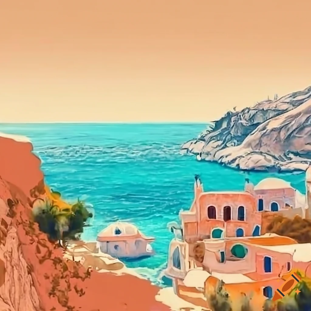 Boho Greek village on cliff overlooking turquoise sea