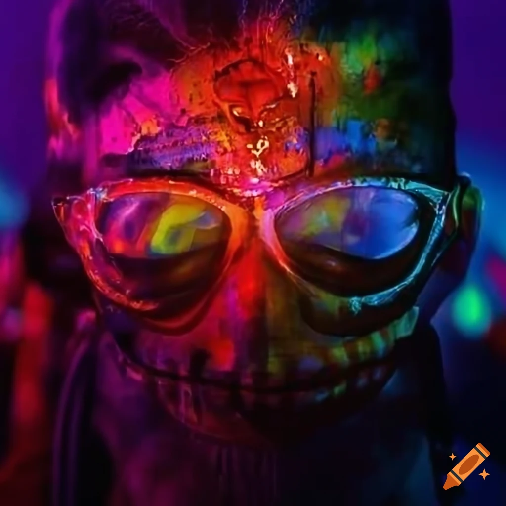 Person in sunglasses reflecting dark chaotic city at night, festival ...