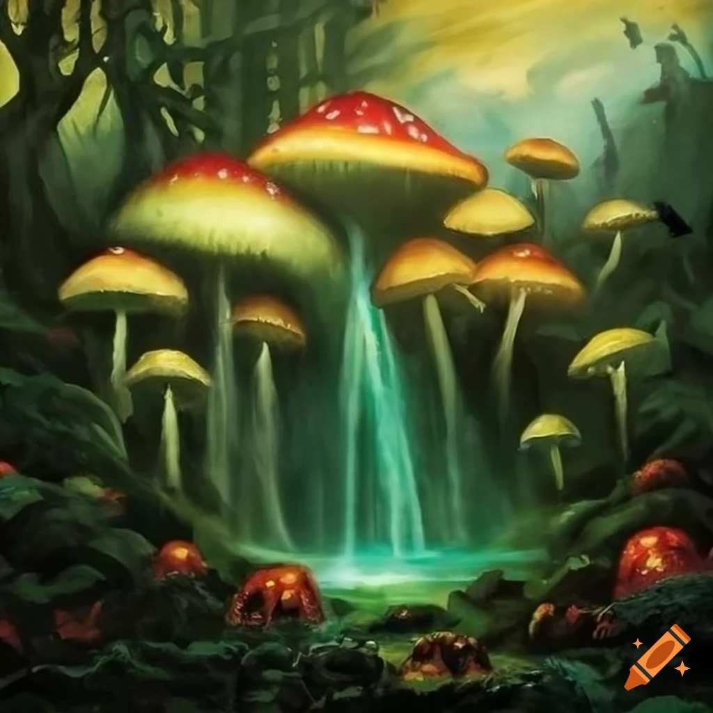 Chocolate waterfall with rainbows and glowing mushrooms in a dark fantasy setting by Greg Rutkowski