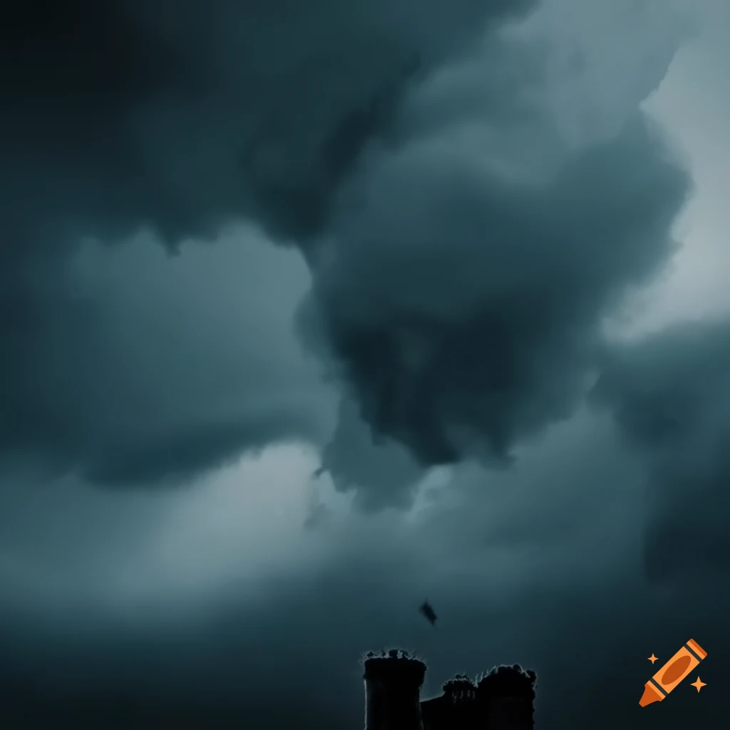 Storm clouds at the gates of a castle creating an ominous scene