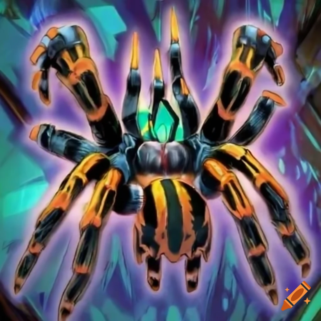 Sci-fi tiger striped tarantula in Yu-Gi-Oh card art style