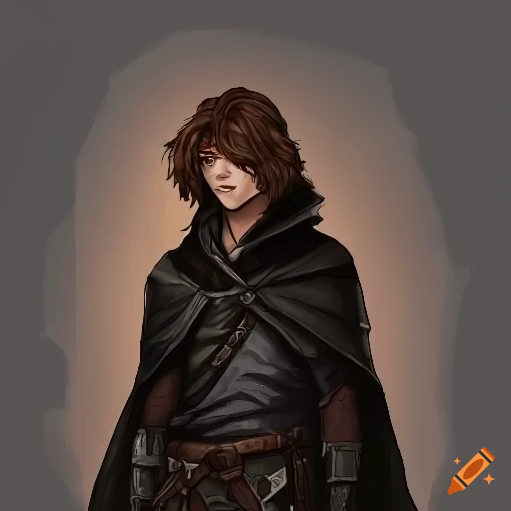 Male human rogue in 3rd edition Dungeons and Dragons style with long brown hair and black attire