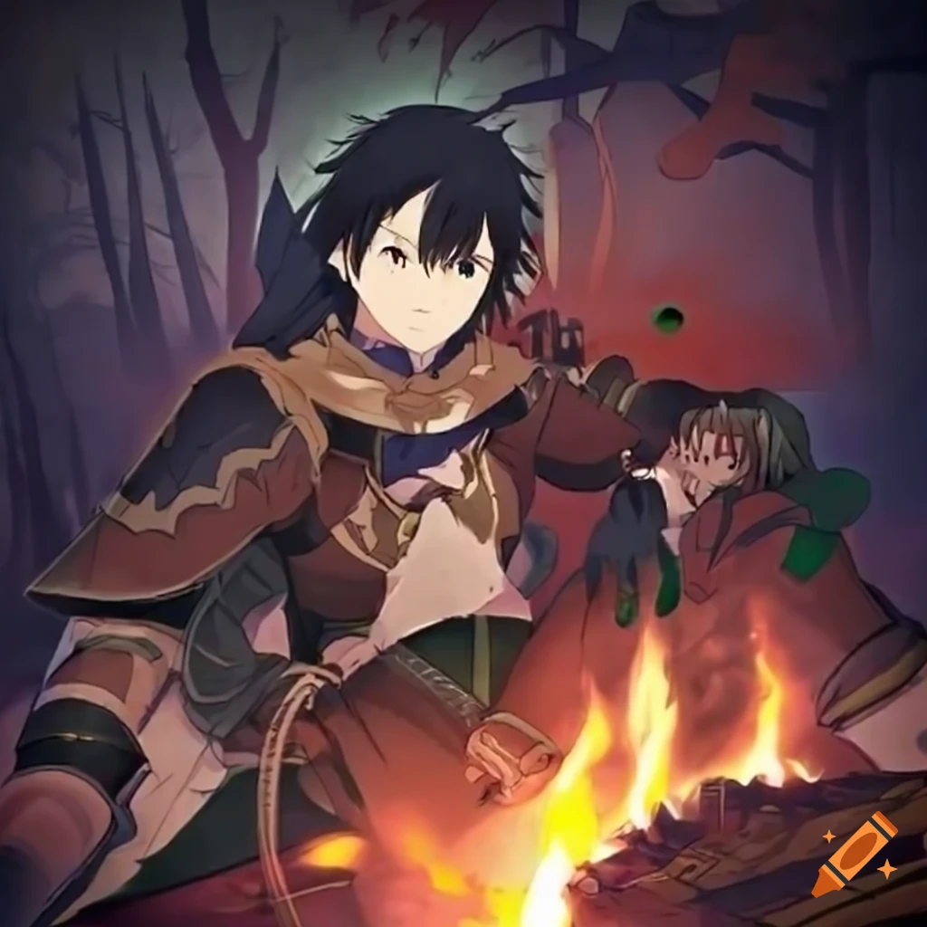Middle-aged adventurer resting beside bonfire in isekai anime style