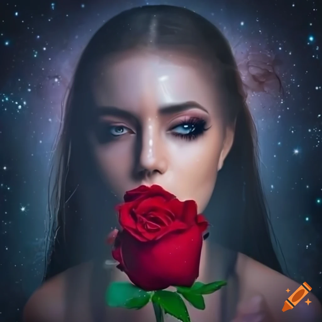 Female with red rose under dark moonlight in a galaxy of diamonds looking sad