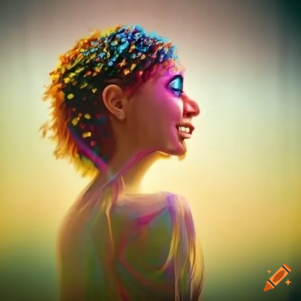 Woman walking through a field of color and light with tears of happiness