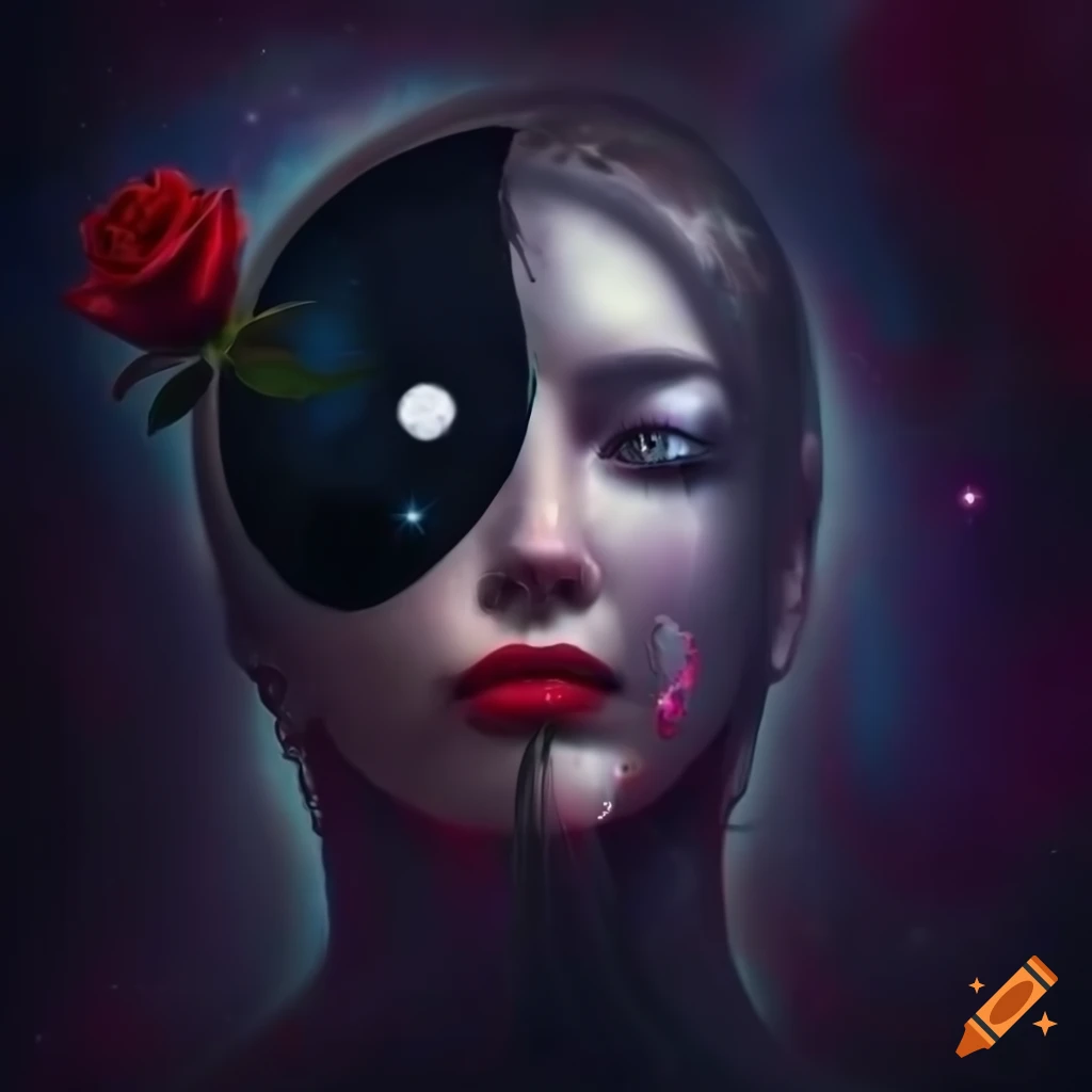 Beautiful female with a red rose under a dark moonlight with yin yang galaxy