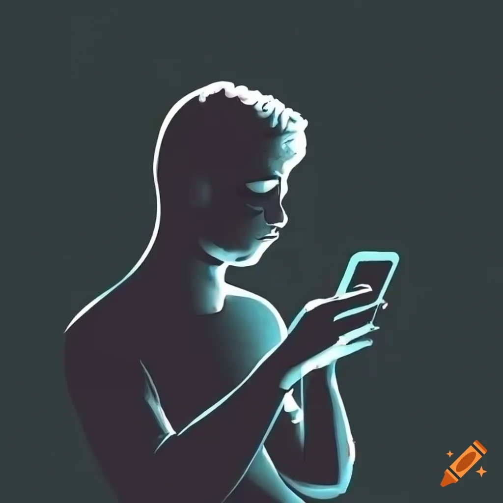 Depressed young man staring at phone in black and white simple drawing with glowy effect