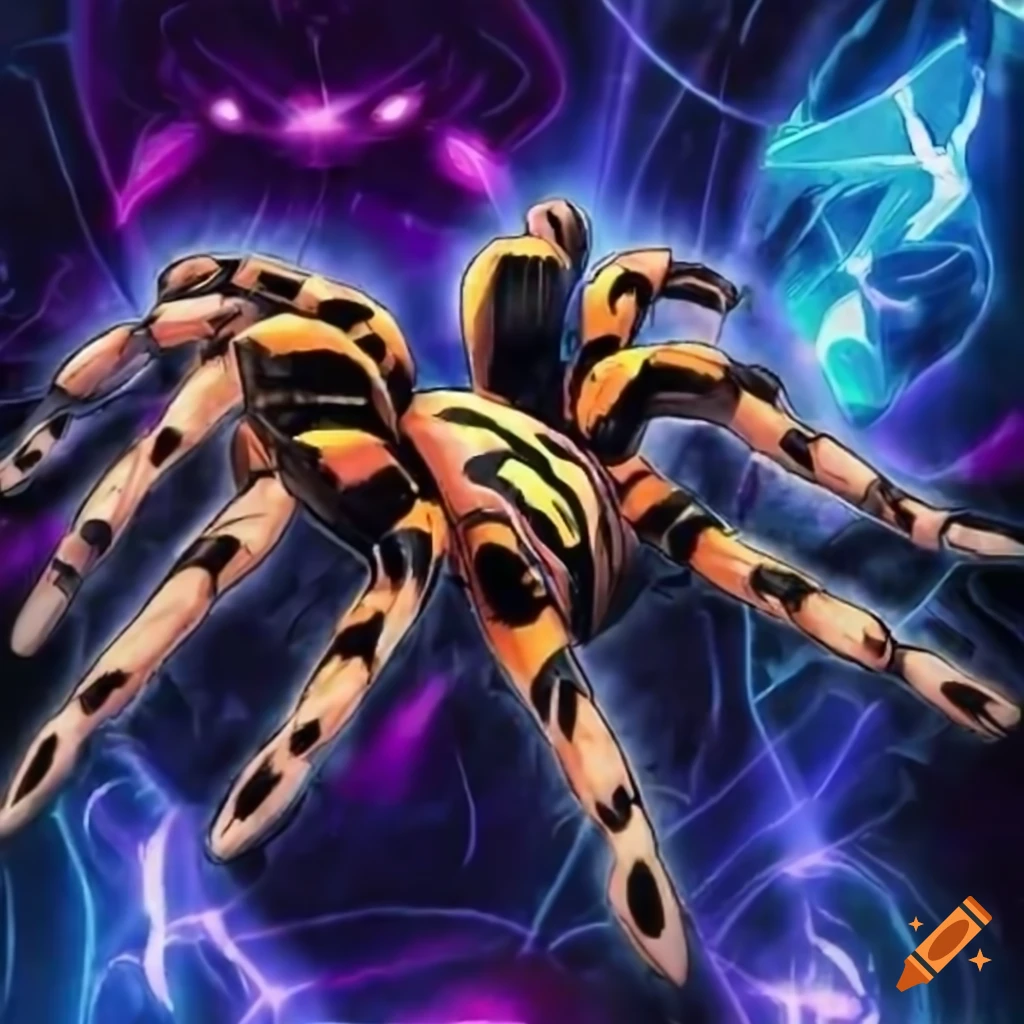 Sci-fi tiger striped tarantula in Yu-Gi-Oh card art style