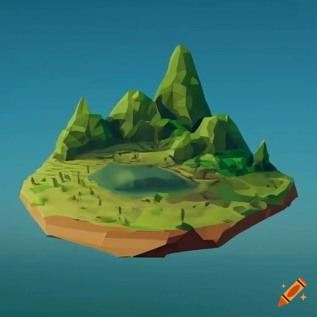 Unexplored island with hills, palm trees, and plants for low poly modeling