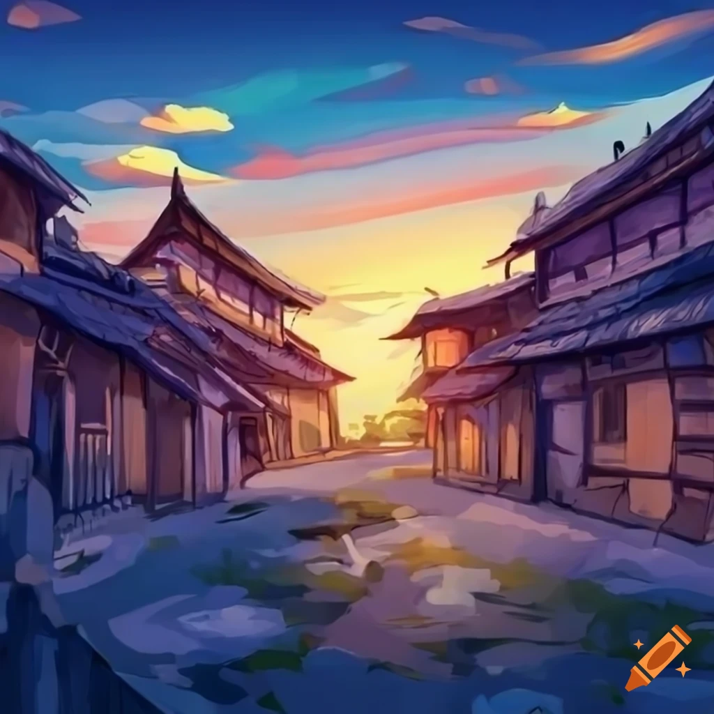 Beautiful ancient village with evening sunbeams in anime style