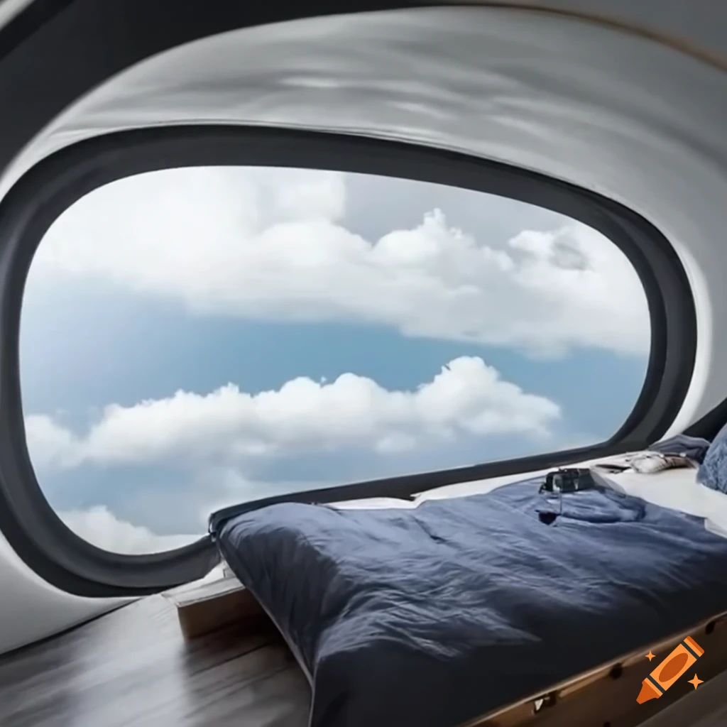 Futuristic airship cabin bedroom with a view of fluffy clouds