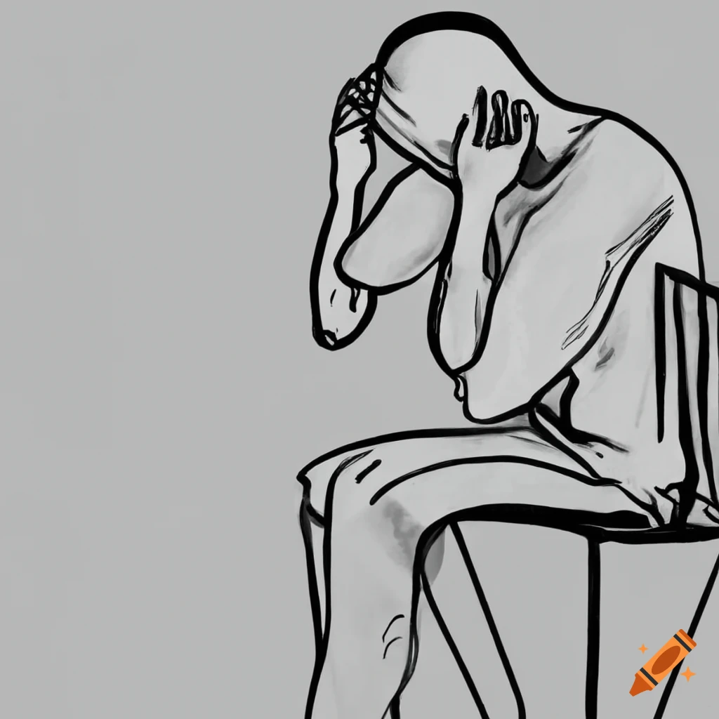 Black and white drawing of a man sitting on a chair looking sad