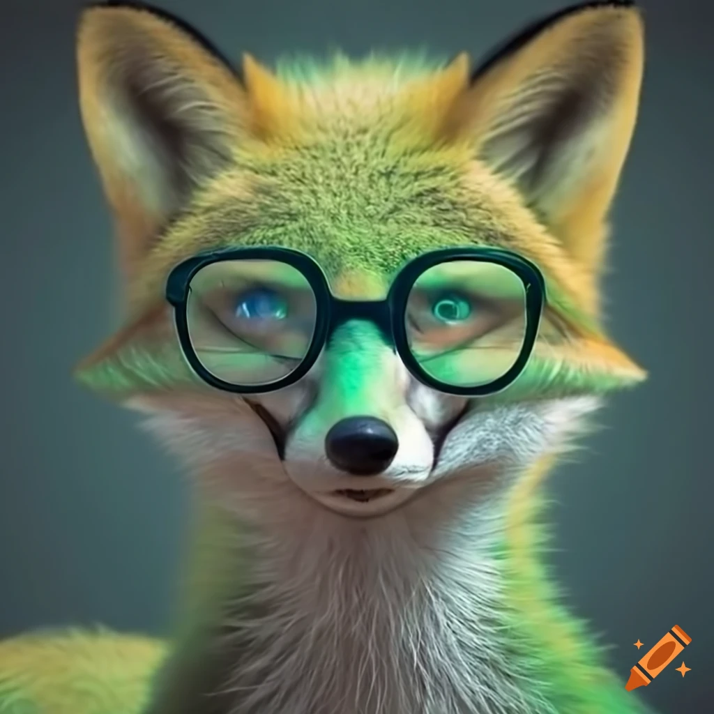 Friendly green furred fox with glasses