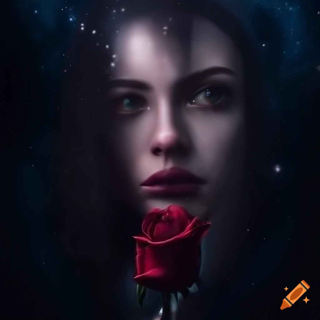 Beautiful female with a red rose under the moonlight, tears, yin yang galaxy background