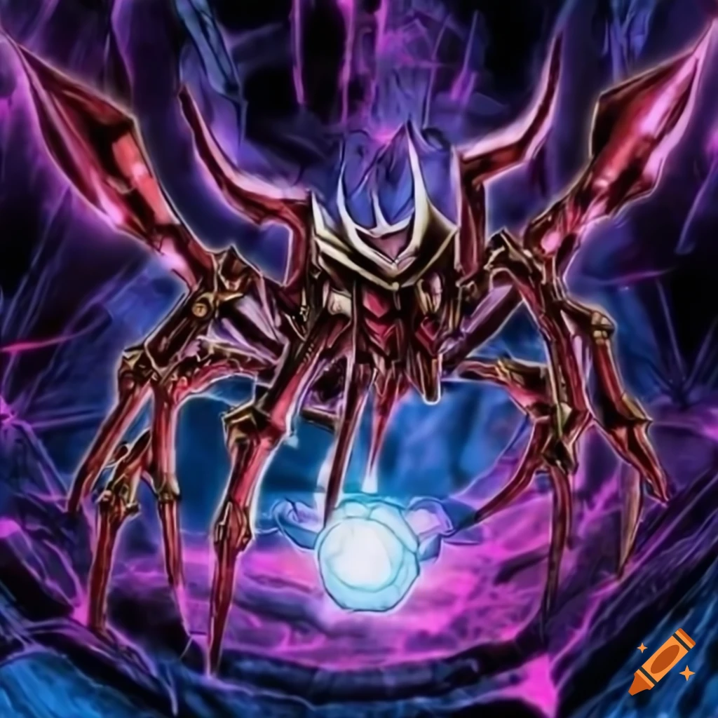 Sci-fi spider in Yu-Gi-Oh card art style