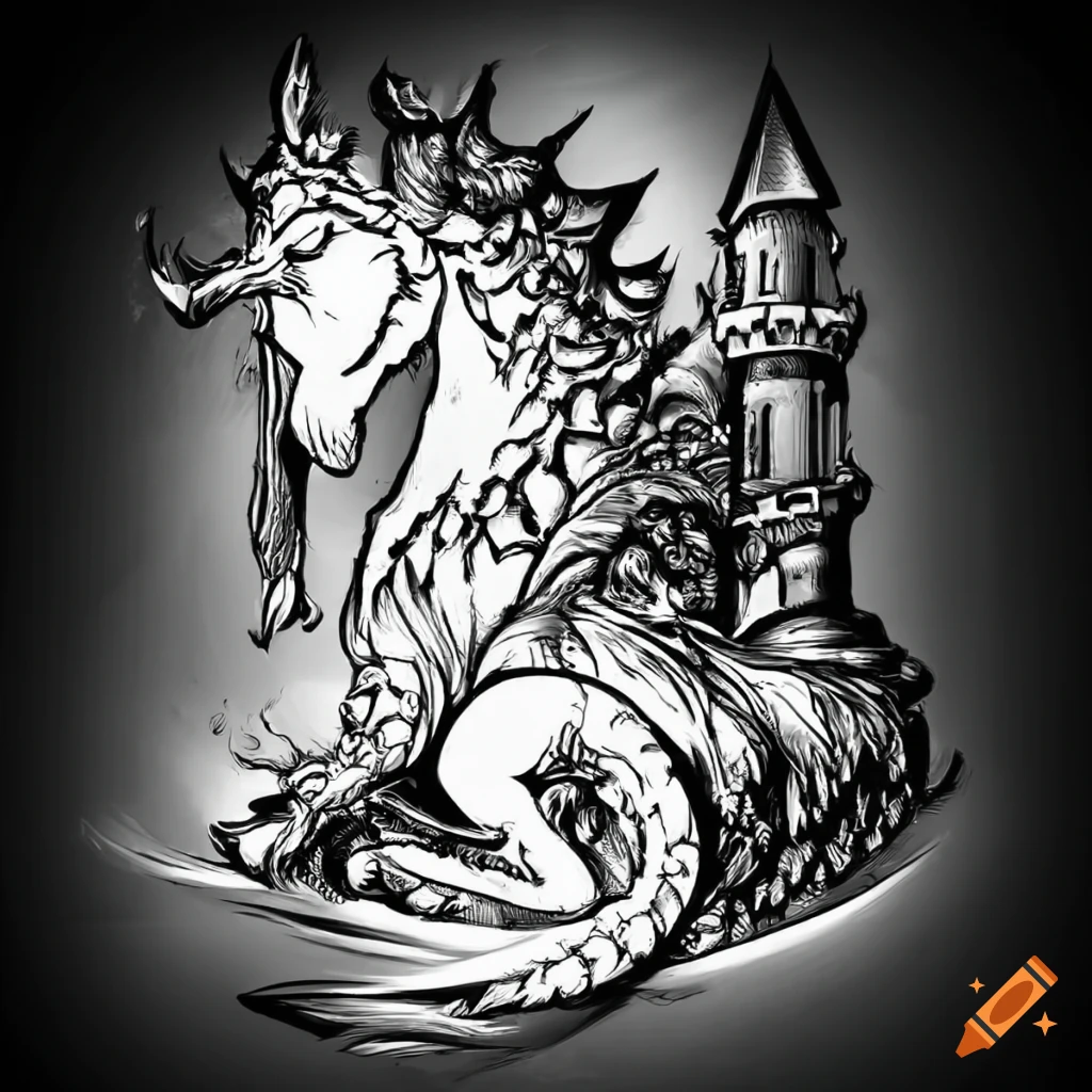 Line art coloring pages of fantasy castle, king, queen, knights, dragons, and unicorns