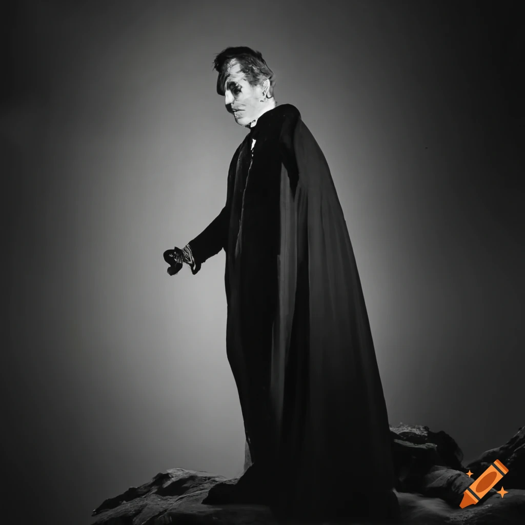 Dracula standing on a cliff overlooking Whitby Abbey