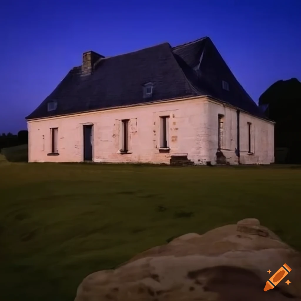 White-walled house with black roof in Brittany at night