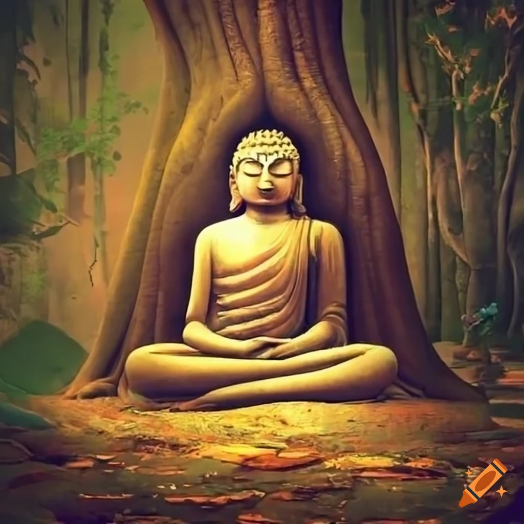 Buddha meditating under an ancient Bodhi tree