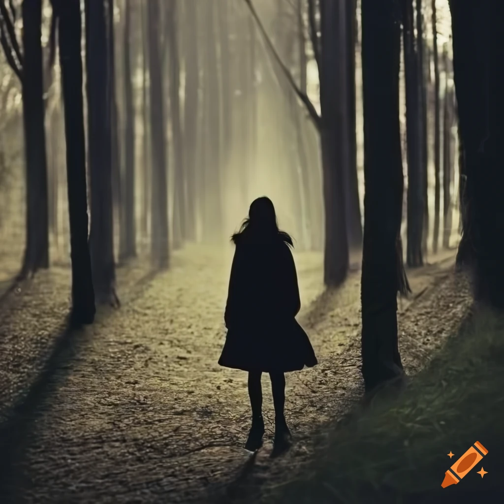 Silhouette of a girl wandering through a dark forest