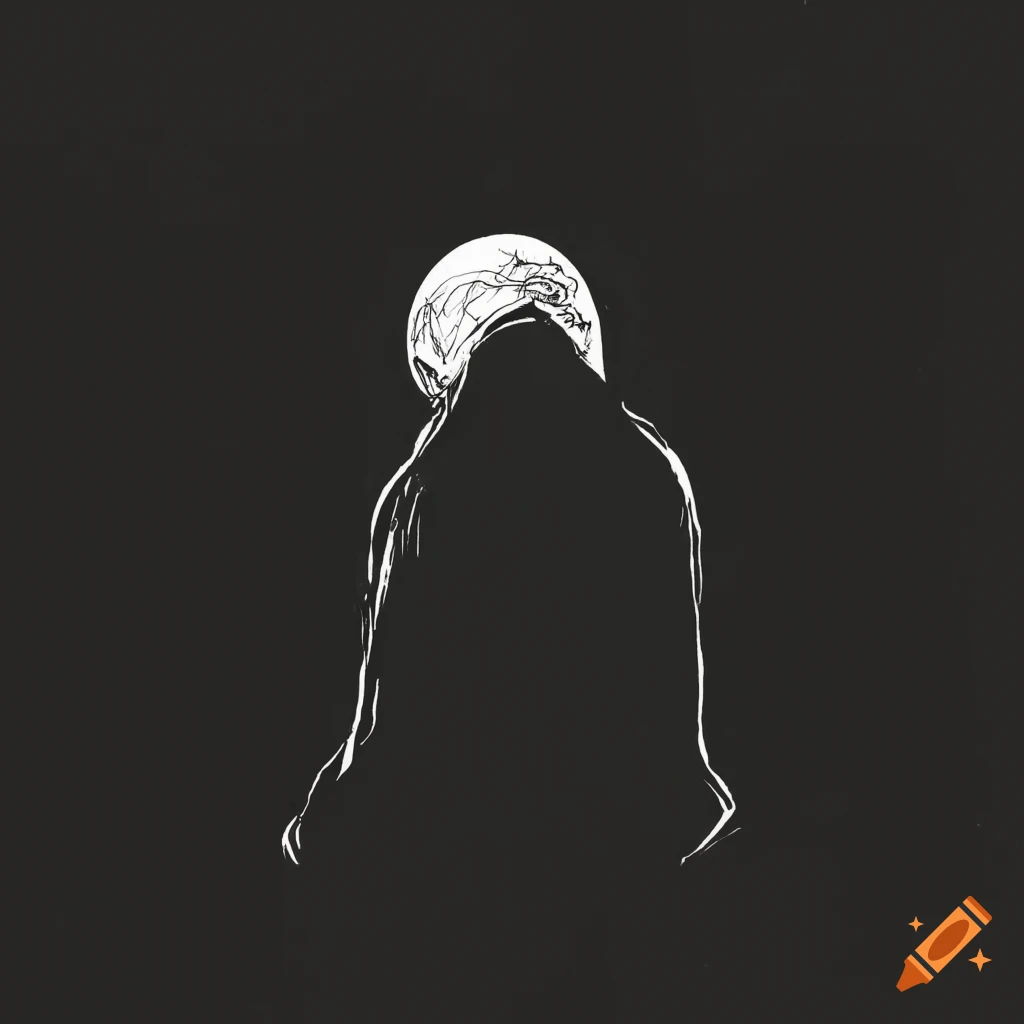 Minimalist white pen and ink drawing of a hooded figure under a full moon
