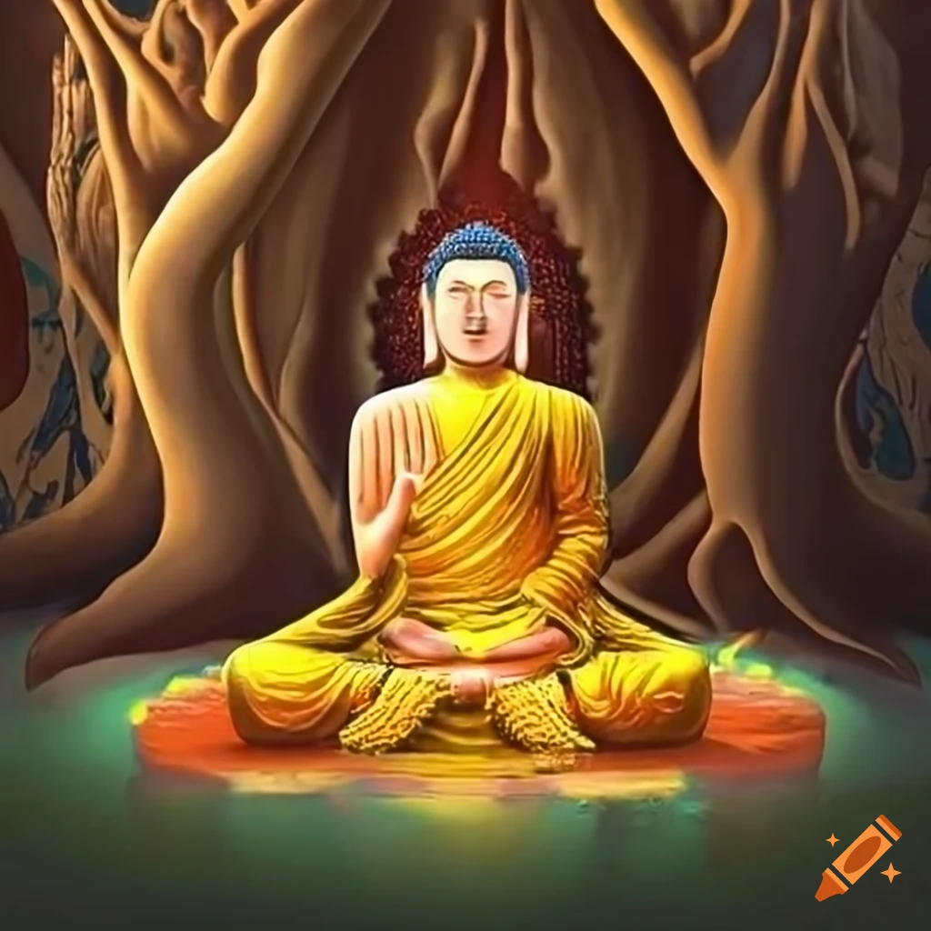 Serene Buddha meditating under an ancient Bodhi tree