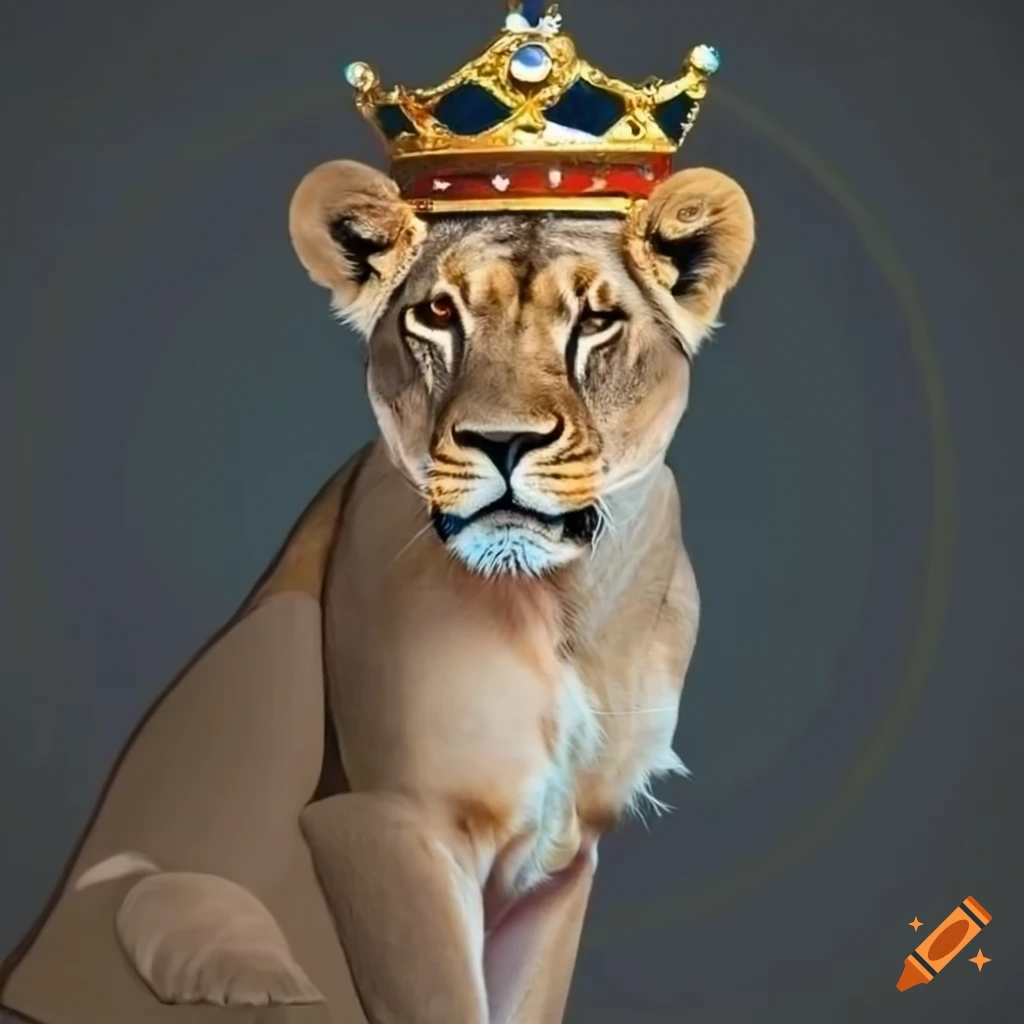 Graceful lioness in regal attire with a Scottish crown and flag
