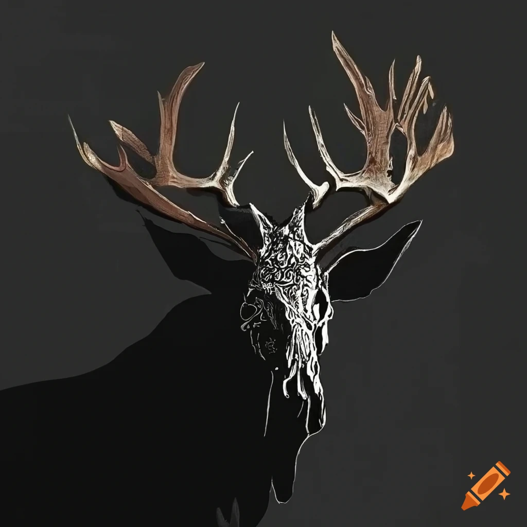 Intricate black silhouette line art of moose stag skull with Viking Norse braid etching