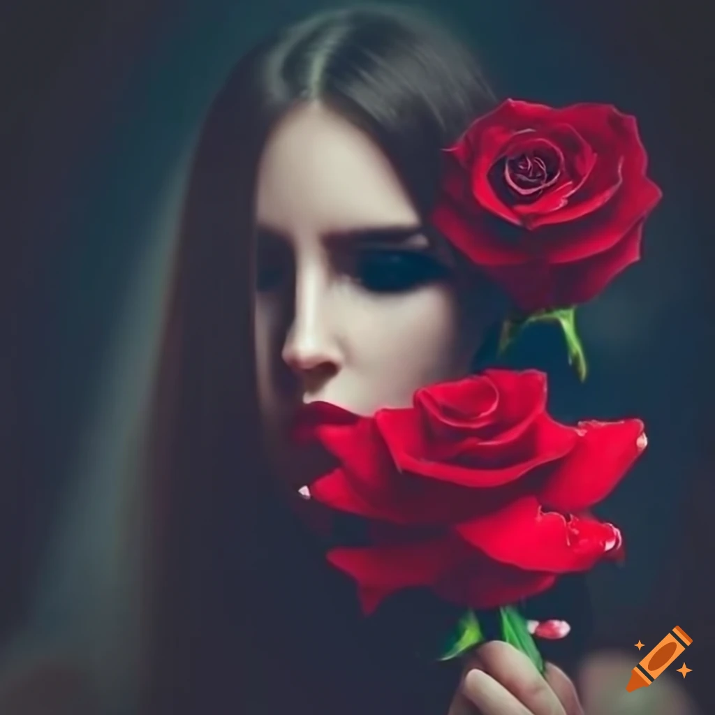 Beautiful female holding a red rose under a dark moonlight