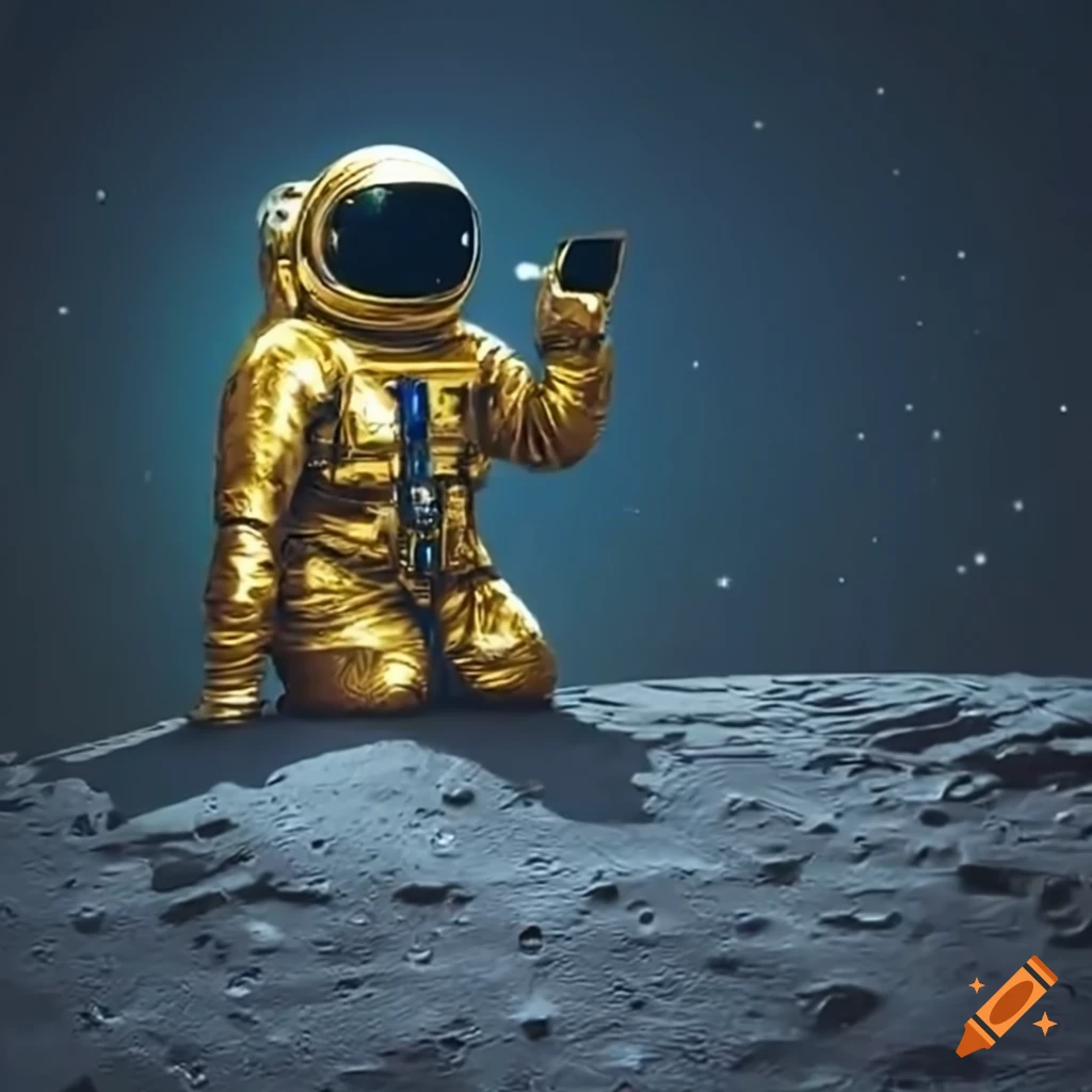 Astronaut in a golden suit on the moon with a futuristic phone