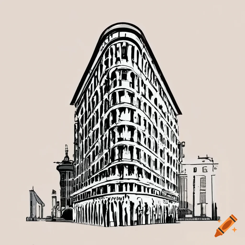 Flatiron building in medieval illuminated manuscript style black and white line art