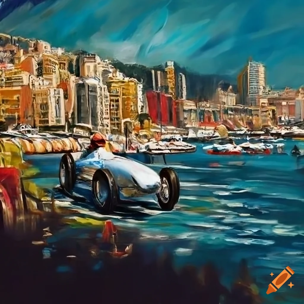 1936 Monaco Grand Prix Mercedes Benz Carraciola Rain King painting in panoramic view
